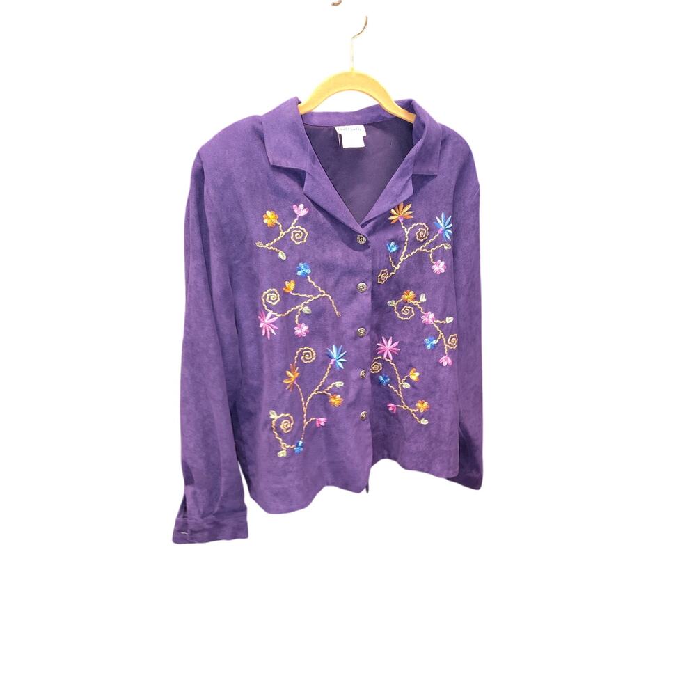BonWorth Purple Floral Embroidered Button-Up Long-Sleeve Top.
